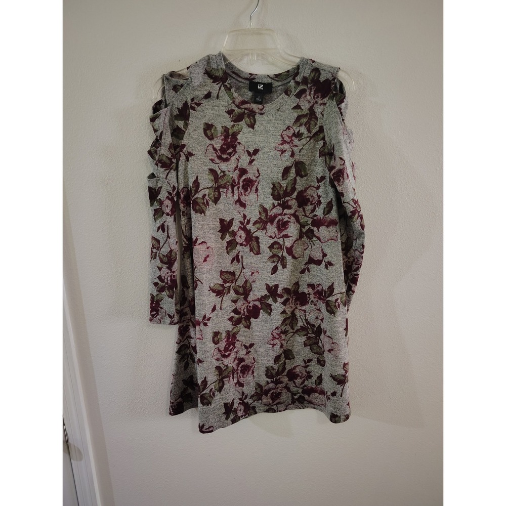 IZ Byer Floral Cold Shoulder Ruffle Sleeve Knit Dress Gray Burgundy Small